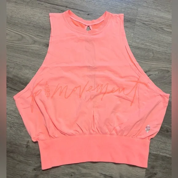 NWT Free People Movement Open Back Spell Out Logo Tank Neon Coral - Picture 1 of 5